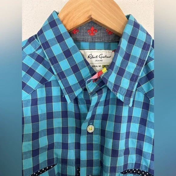 ROBERT GRAHAM JEANS Blue Plaid Check 100% Cotton Casual Dress Shirt Men medium - Picture 6 of 8
